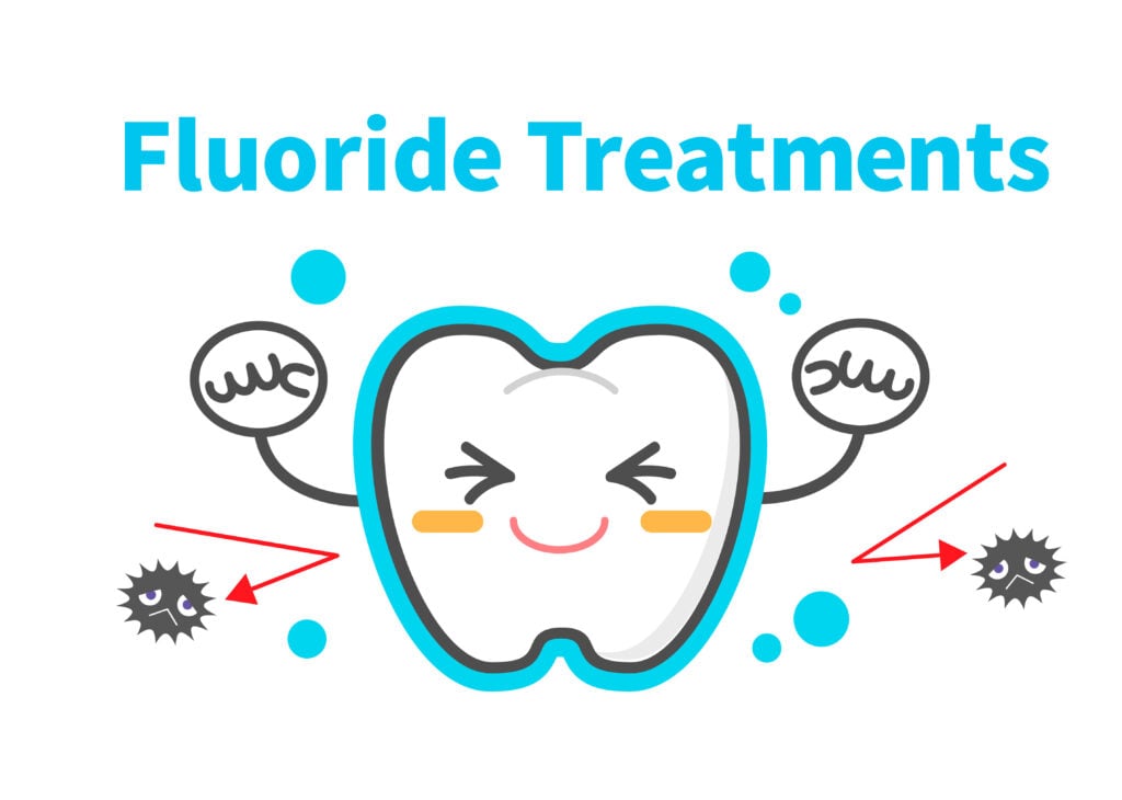 Cartoon tooth fighting cavities with arrows to illustrate fluoride treatment benefits for kids